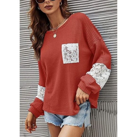 Hand Crafted Tops - Women Sweatshirt 2XL Lace Knit Sweater Casual Loose Stitching Round Neck New